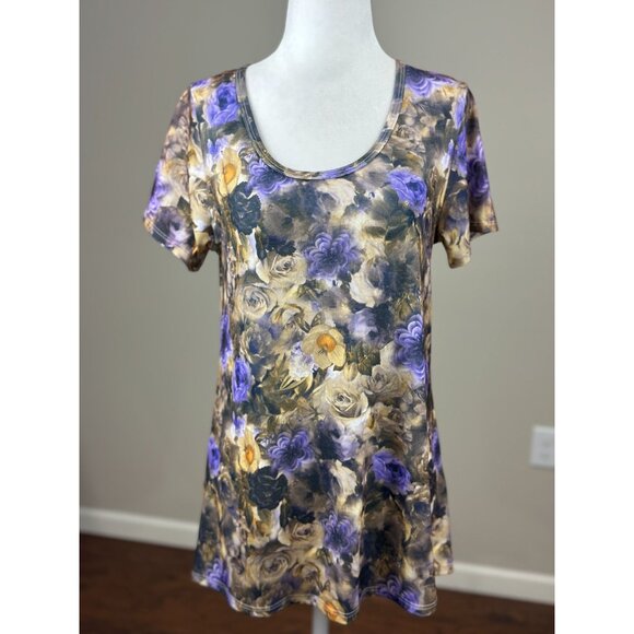 NEW LuLaRoe Womens Knit Tunic Top S Short Sleeve Purple Yellow Floral Scoop Neck - Picture 1 of 8
